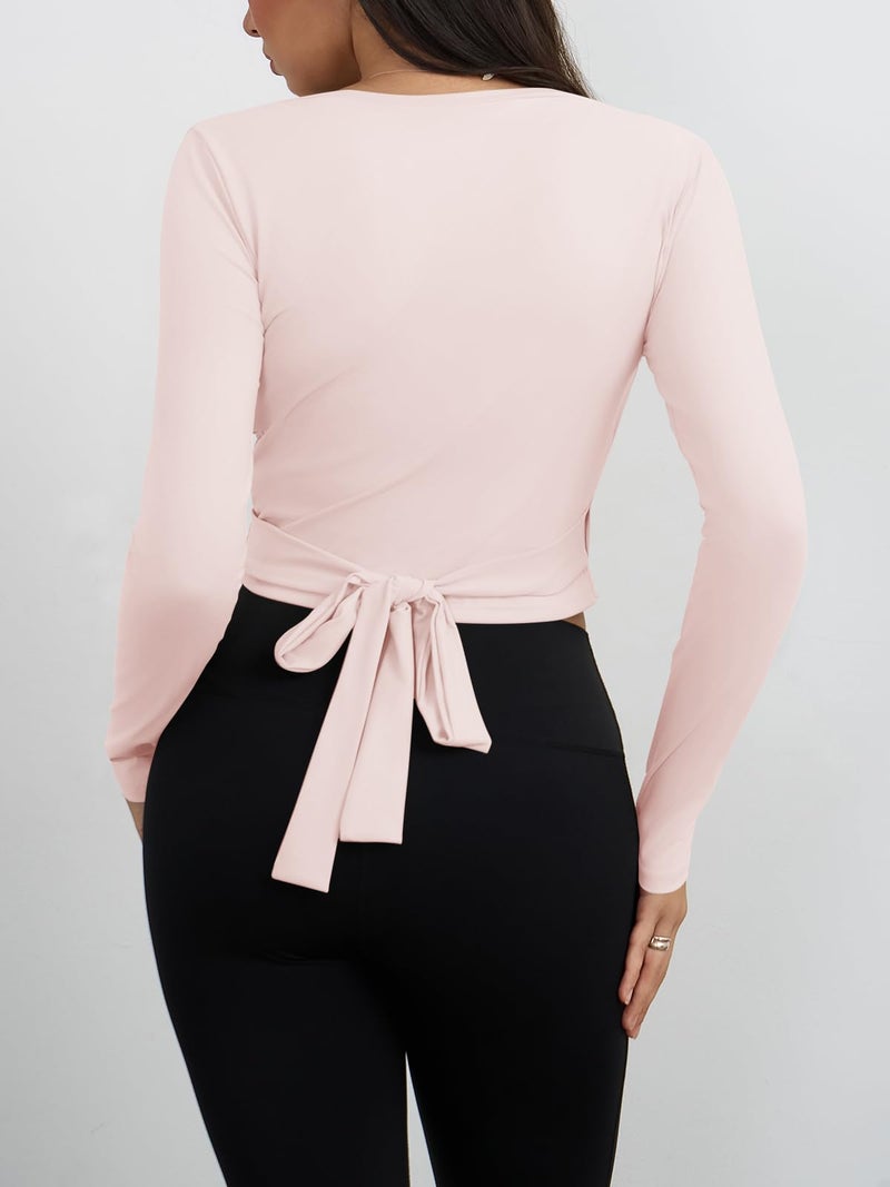 Yousify Womens Wrap Tie Tops Y2k Long Sleeve Ballet Pilates Yoga Workout Wrap Shirts Deep V Neck Casual Tops Pink - Image 3