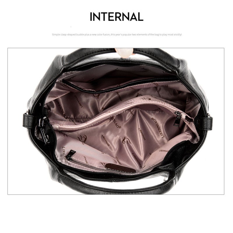 Women's Handbag: Dark Gray Splicing Soft Leather Large Capacity Bag - 3-In-1 Versatile Shoulder Crossbody Hand Carry Design Multi-Pocket Organized Storage for Daily Personal Use - Image 3