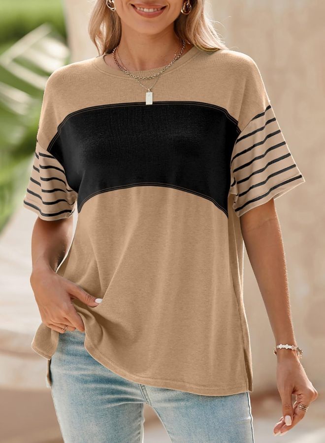 Round Neck Color-Block Striped T-Shirt – Short Sleeves, Casual Style