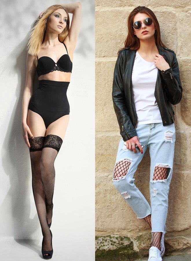 Bencailor 4 Pairs Fishnet Thigh High Stocking for Women Silicone Lace Top Sheer Over Knee Stockings(Black,X-Large,Classic Style) - Image 4