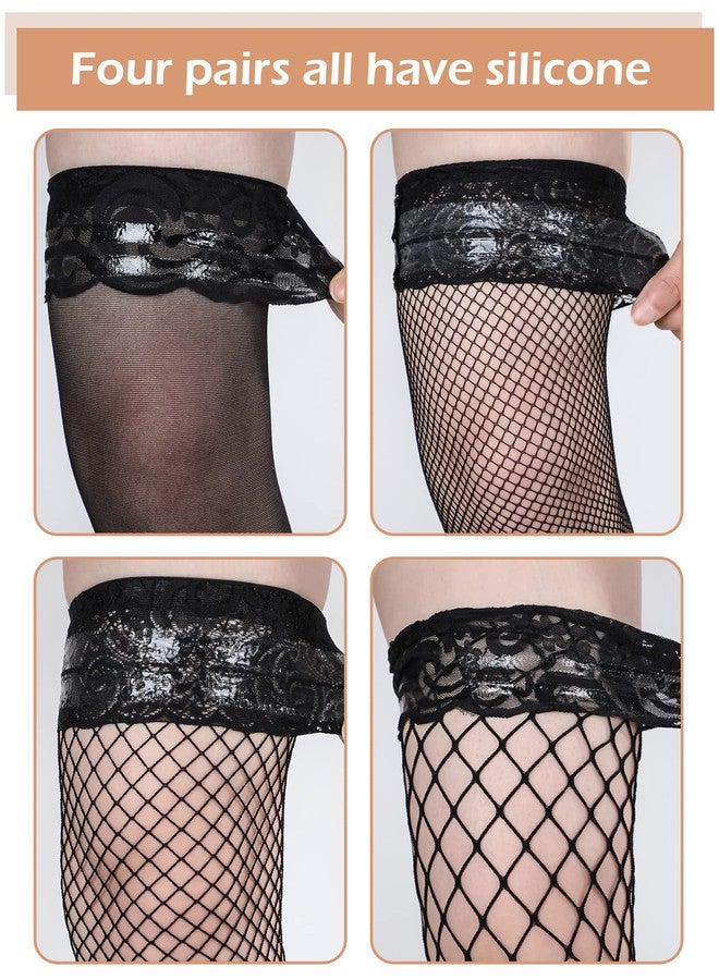Bencailor 4 Pairs Fishnet Thigh High Stocking for Women Silicone Lace Top Sheer Over Knee Stockings(Black,X-Large,Classic Style) - Image 5