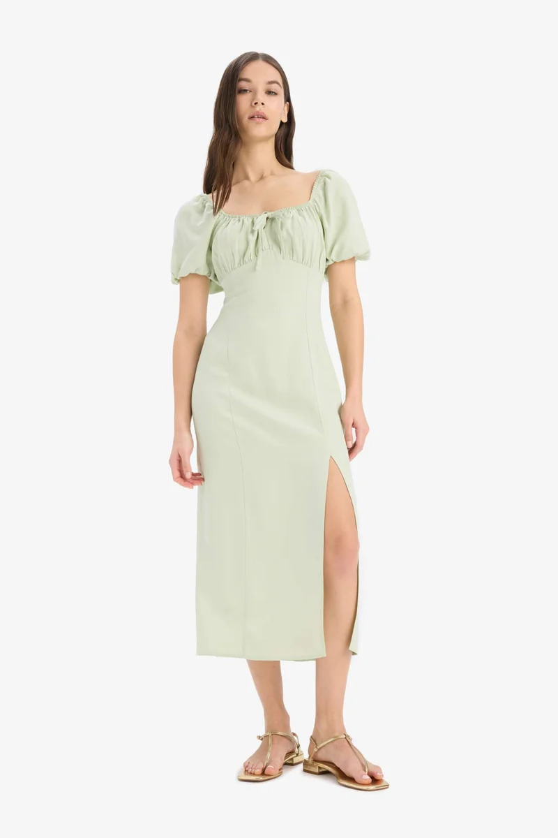 ديفاكتو A-Line V-Neck Linen Blend Short Sleeve Midi Dress