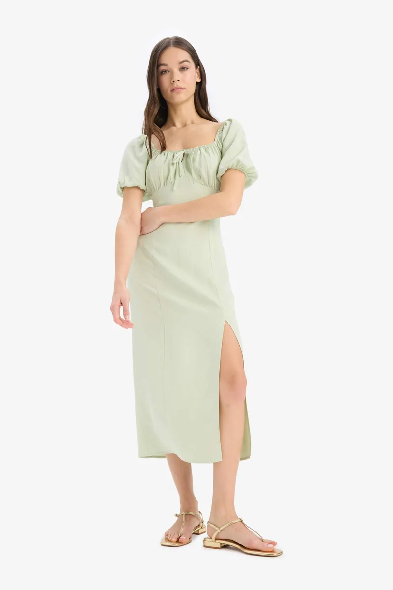 ديفاكتو A-Line V-Neck Linen Blend Short Sleeve Midi Dress