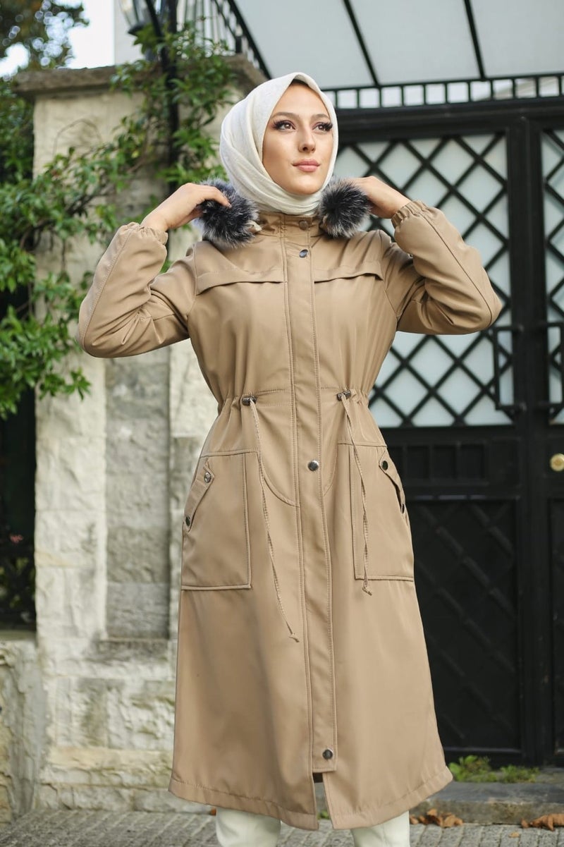 Vibeys Collection Beige Fur Lined and Waterproof Women's Winter Coat & Jacket  - Image 3