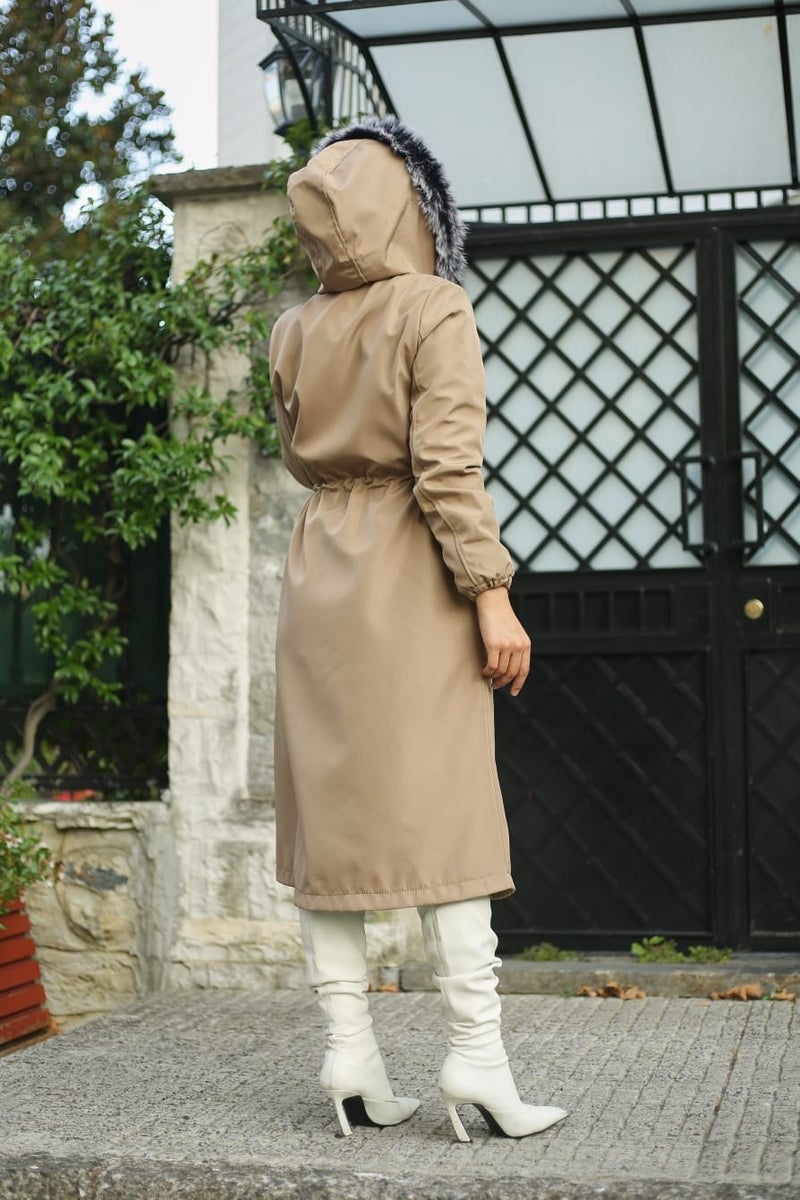 Vibeys Collection Beige Fur Lined and Waterproof Women's Winter Coat & Jacket  - Image 5