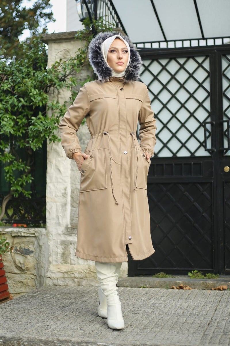 Vibeys Collection Beige Fur Lined and Waterproof Women's Winter Coat & Jacket  - Image 1