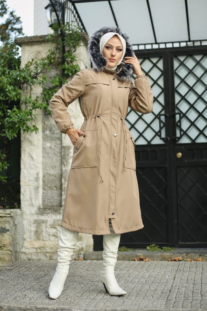 Vibeys Collection Beige Fur Lined and Waterproof Women's Winter Coat & Jacket  - Image 4