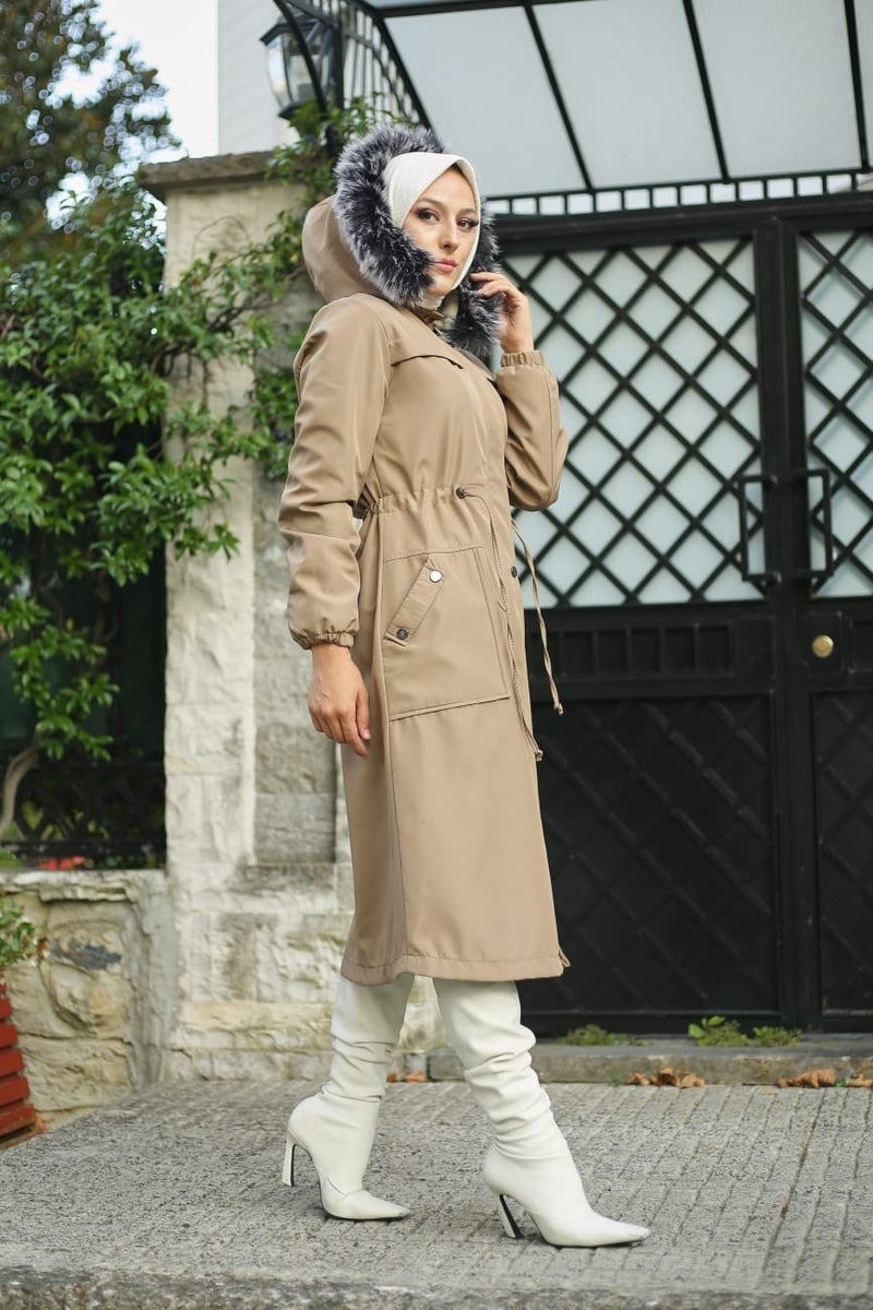 Vibeys Collection Beige Fur Lined and Waterproof Women's Winter Coat & Jacket  - Image 2