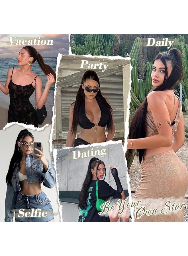 BARSDAR Black Straight Wrap Ponytail Extension - 28 Inch Long Straight Wrap Around Ponytail for Women, Clip in Ponytails Hair Extensions Synthetic Black Pony Tails Hairpieces Daily - Image 4