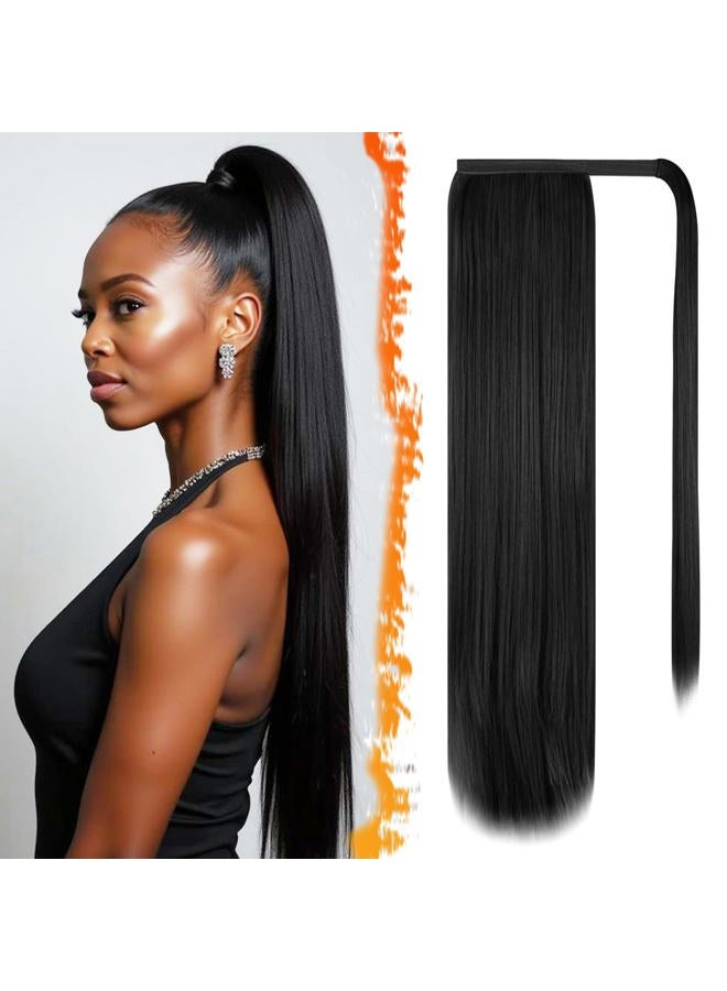 BARSDAR Black Straight Wrap Ponytail Extension - 28 Inch Long Straight Wrap Around Ponytail for Women, Clip in Ponytails Hair Extensions Synthetic Black Pony Tails Hairpieces Daily - Image 1