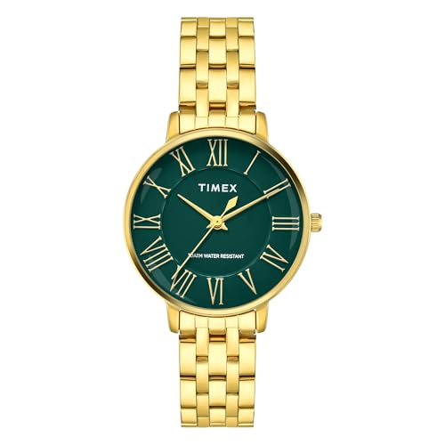 TIMEX Analog Watch for Woman with Green Round Dial & Gold Stainless Steel Bracelet Band Water Resistant Women's Wrist Watches - TWEL19106 - Image 1