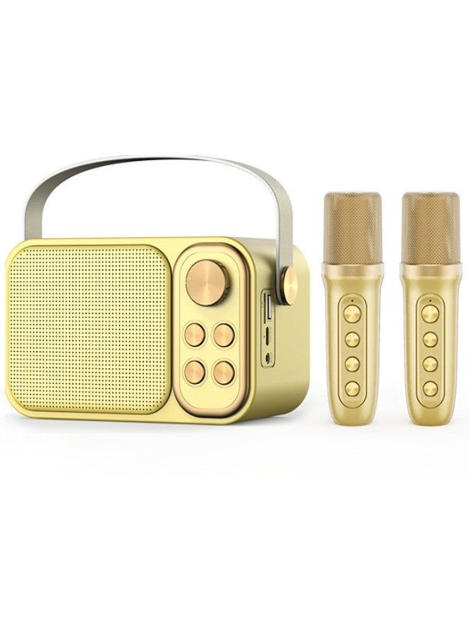 Bluetooth speaker with loud, clear sound. A large Bluetooth speaker with long battery life. A Bluetooth speaker with Type C charging port, microSD card and flash drive slots, and AUX input. Speakers with two karaoke microphones. A wireless Bluetooth speaker.Golden - Image 1