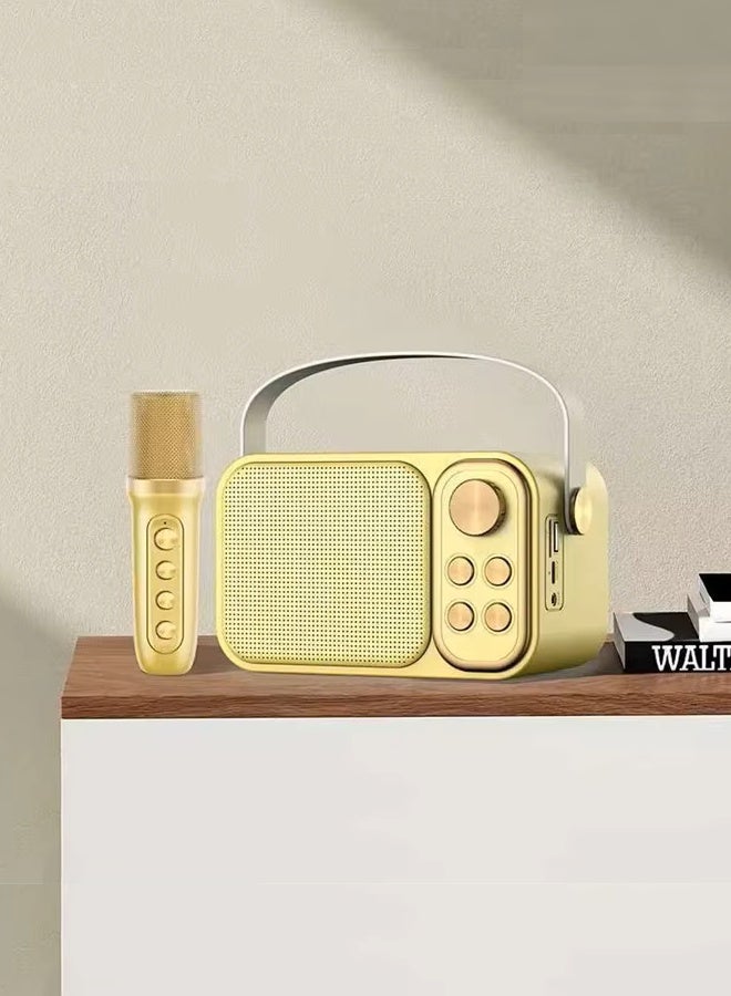 Bluetooth speaker with loud, clear sound. A large Bluetooth speaker with long battery life. A Bluetooth speaker with Type C charging port, microSD card and flash drive slots, and AUX input. Speakers with two karaoke microphones. A wireless Bluetooth speaker.Golden - Image 2