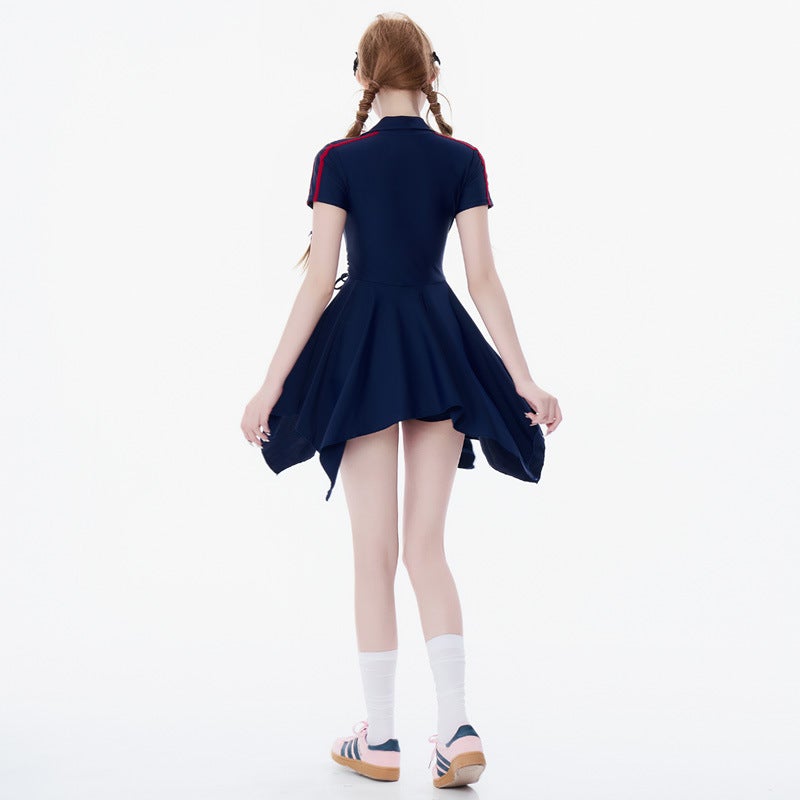 College-Style Tight Waist Slim One-Piece Swimsuit Cute American Girly Irregular Dress - Image 5