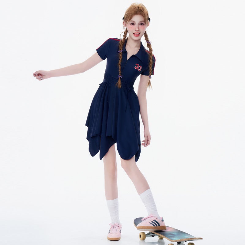 College-Style Tight Waist Slim One-Piece Swimsuit Cute American Girly Irregular Dress - Image 4