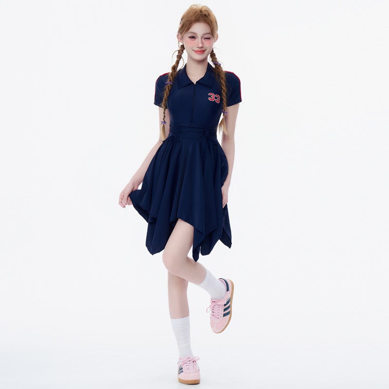 College-Style Tight Waist Slim One-Piece Swimsuit Cute American Girly Irregular Dress - Image 3