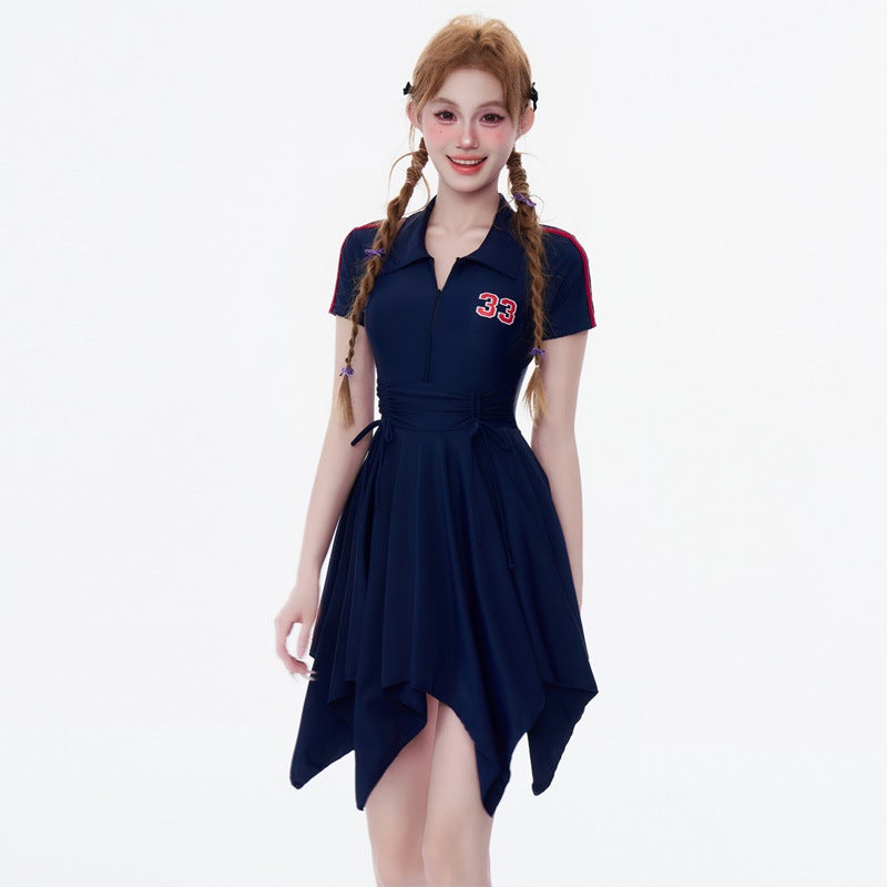 College-Style Tight Waist Slim One-Piece Swimsuit Cute American Girly Irregular Dress - Image 1