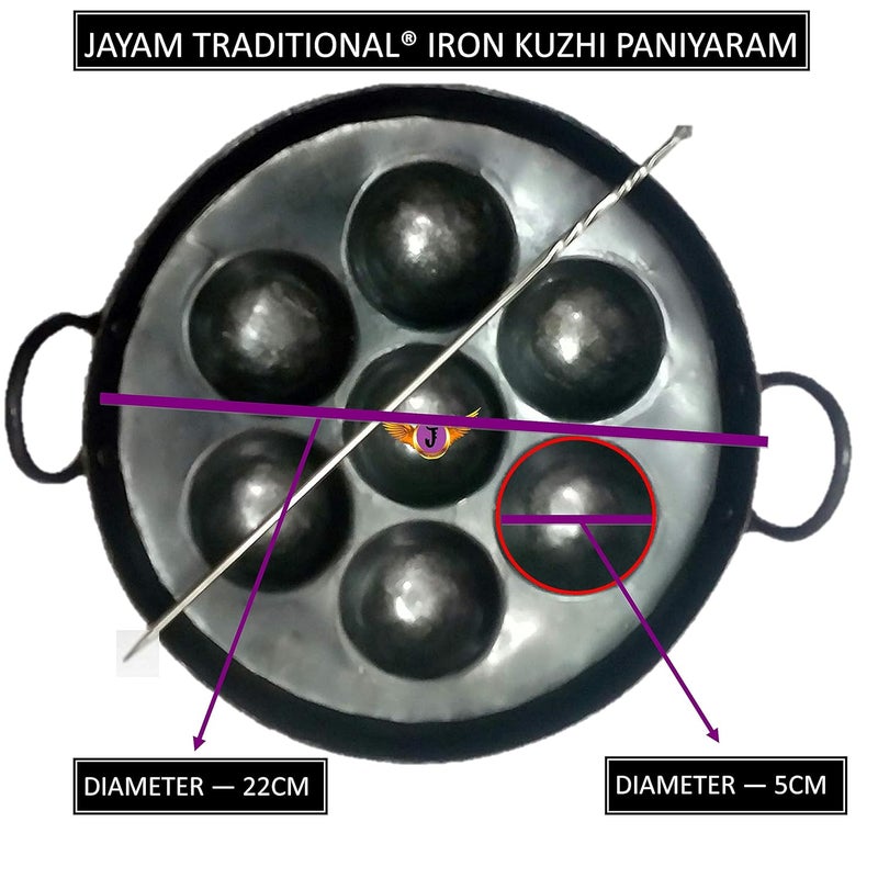 Jayam Traditional 7 Cavity Iron Appam PatraPaniyaram PanPaniyara kallu with Stainless Steel Turner Rod - Image 2