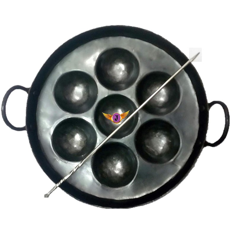 Jayam Traditional 7 Cavity Iron Appam PatraPaniyaram PanPaniyara kallu with Stainless Steel Turner Rod - Image 1