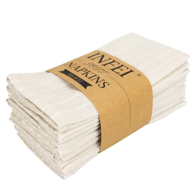 INFEI White Striped Linen Cotton Dinner Cloth Napkins  Set of 12 40 x 30 cm  for Events  Home Use Beige