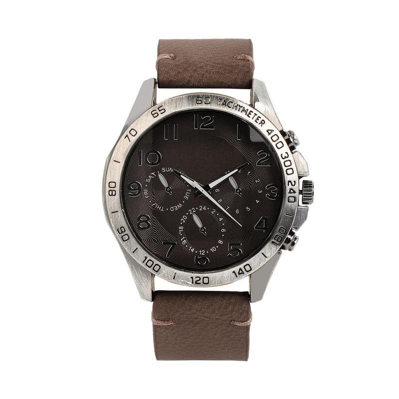 French Accent Men's The Peregron Round Watch | Coffee Brown Vegan Leather Strap | Midnight Black Dial | One-Size | Tang Buckle Closure | Quartz | Battery | Wrist Belt Watch for Men and Boys - Image 1