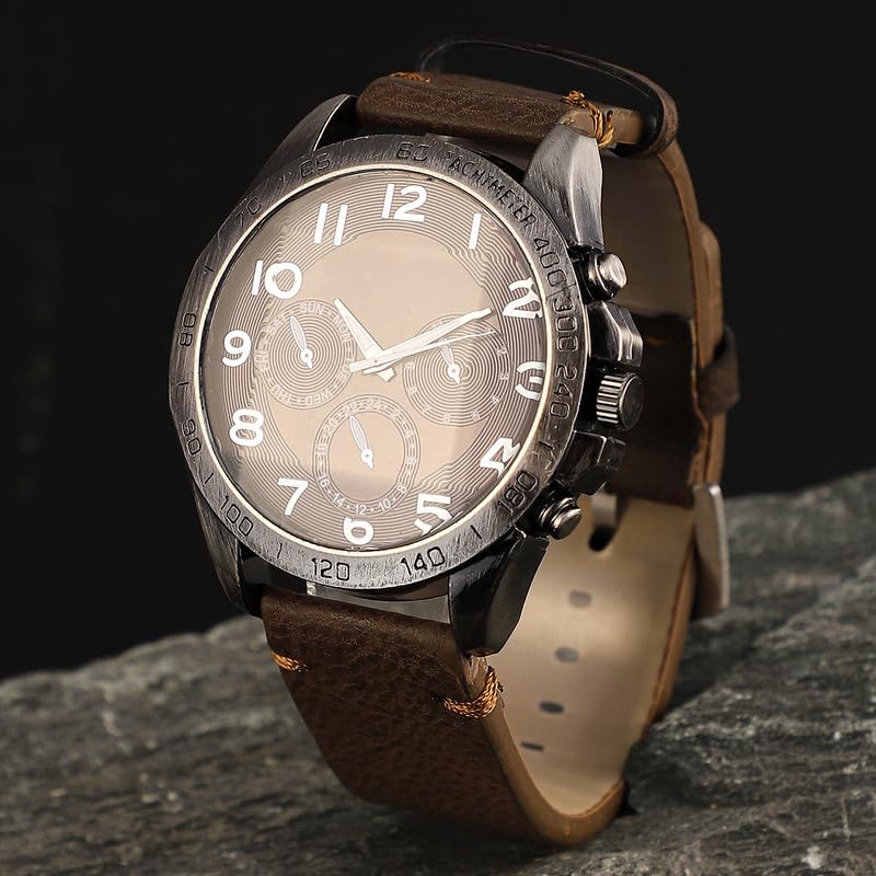 French Accent Men's The Peregron Round Watch | Coffee Brown Vegan Leather Strap | Midnight Black Dial | One-Size | Tang Buckle Closure | Quartz | Battery | Wrist Belt Watch for Men and Boys - Image 2