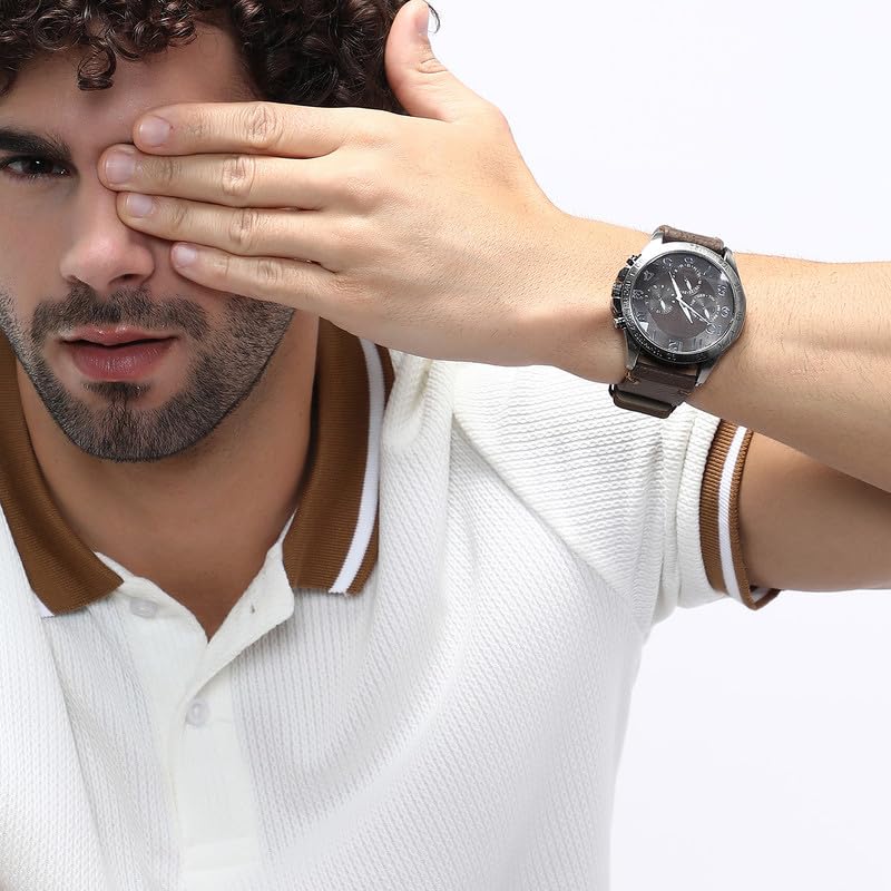 French Accent Men's The Peregron Round Watch | Coffee Brown Vegan Leather Strap | Midnight Black Dial | One-Size | Tang Buckle Closure | Quartz | Battery | Wrist Belt Watch for Men and Boys - Image 3