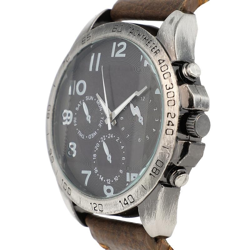 French Accent Men's The Peregron Round Watch | Coffee Brown Vegan Leather Strap | Midnight Black Dial | One-Size | Tang Buckle Closure | Quartz | Battery | Wrist Belt Watch for Men and Boys - Image 5