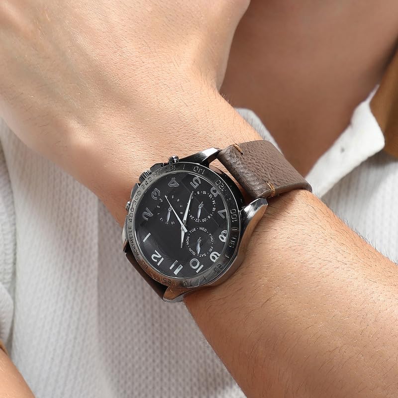 French Accent Men's The Peregron Round Watch | Coffee Brown Vegan Leather Strap | Midnight Black Dial | One-Size | Tang Buckle Closure | Quartz | Battery | Wrist Belt Watch for Men and Boys - Image 4