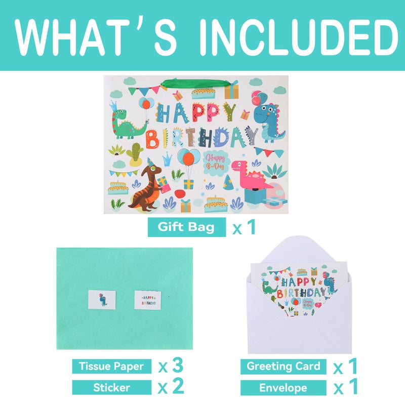 Qirrmiy 16.5â€ Extra Large Dinosaur Happy Birthday Gift Bag Set with Handles, Greeting Card, Tissue Papers and Stickers for 1st Birthday 2 Year Old Boysâ€™, Girls', or Kids' Party, Baby Shower, Newborn, New Moms or Parents, 1 Pcs - Image 3