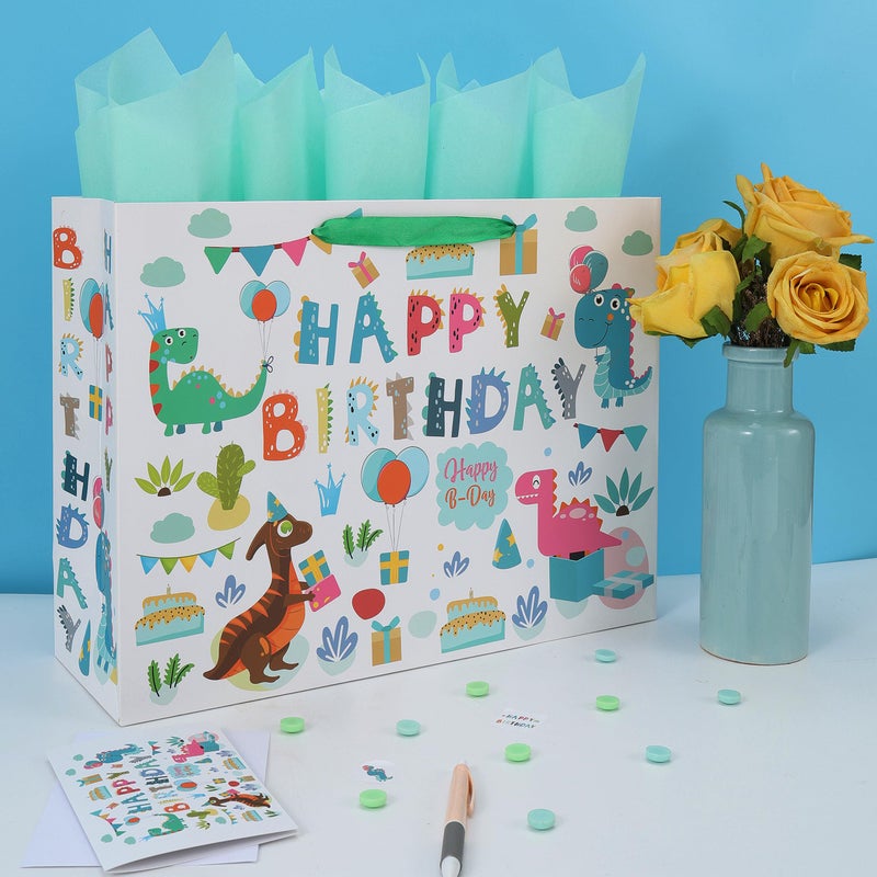 Qirrmiy 16.5â€ Extra Large Dinosaur Happy Birthday Gift Bag Set with Handles, Greeting Card, Tissue Papers and Stickers for 1st Birthday 2 Year Old Boysâ€™, Girls', or Kids' Party, Baby Shower, Newborn, New Moms or Parents, 1 Pcs - Image 5