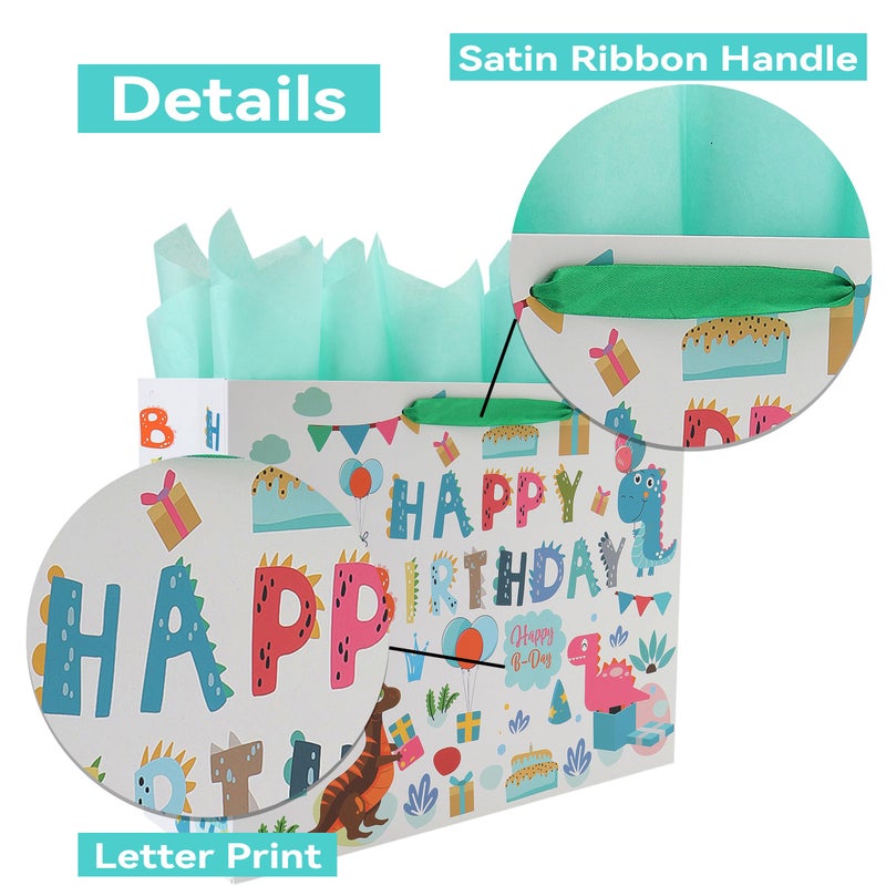 Qirrmiy 16.5â€ Extra Large Dinosaur Happy Birthday Gift Bag Set with Handles, Greeting Card, Tissue Papers and Stickers for 1st Birthday 2 Year Old Boysâ€™, Girls', or Kids' Party, Baby Shower, Newborn, New Moms or Parents, 1 Pcs - Image 4