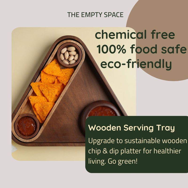 THE EMPTY SPACES طبق تقديم خشبي مصنوع يدويًا من الأكاسيا - قاعدة مثلثية مع 3 أطباق غمس و1 صينية شاي للناشوز والوجبات الخفيفة والموموس. للحفلات، الهدايا وليلة الأفلام؛ صينية متعددة الاستخدامات - Image 3