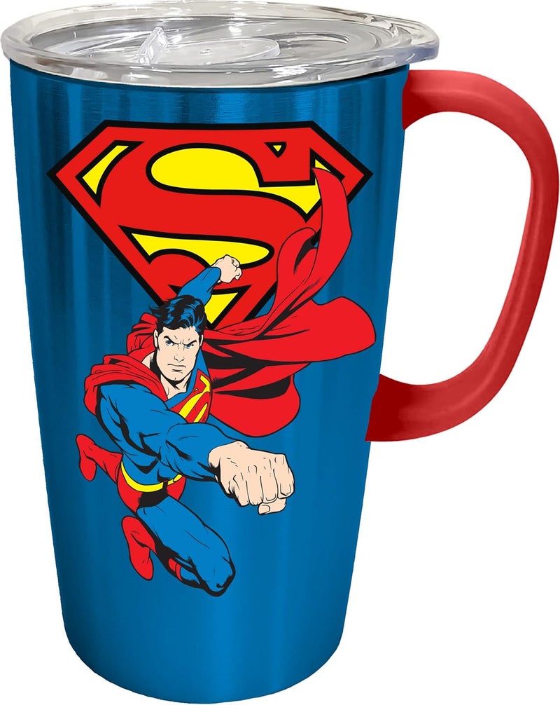 Spoontiques Spoontiques  Stainless Steel Travel Mug with Handle  18 oz Capacity  Double Wall Stainless Steel with Sliding Lock Travel Lid  6 Tall  Superman Stainless Travel Mug 