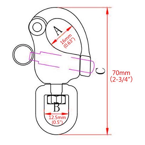 NRC&XRC Pair 2-3/4IN(70mm) Jaw Swivel Eye Snap Shackle Quick Release Bail Rigging Sailing Boat Marine Stainless Steel Clip Pair - Image 2