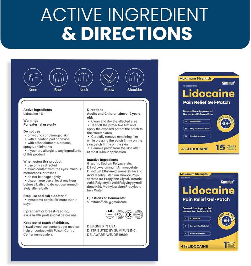 Sumifun 4 Lidocaine Pain Relief Patches 45 Counts Maximum Strength Numbing Gel Patch for Back Knee Neck Joint Ache Muscle Soreness Topical Analgesic FSA or HSA Eligible - Image 3