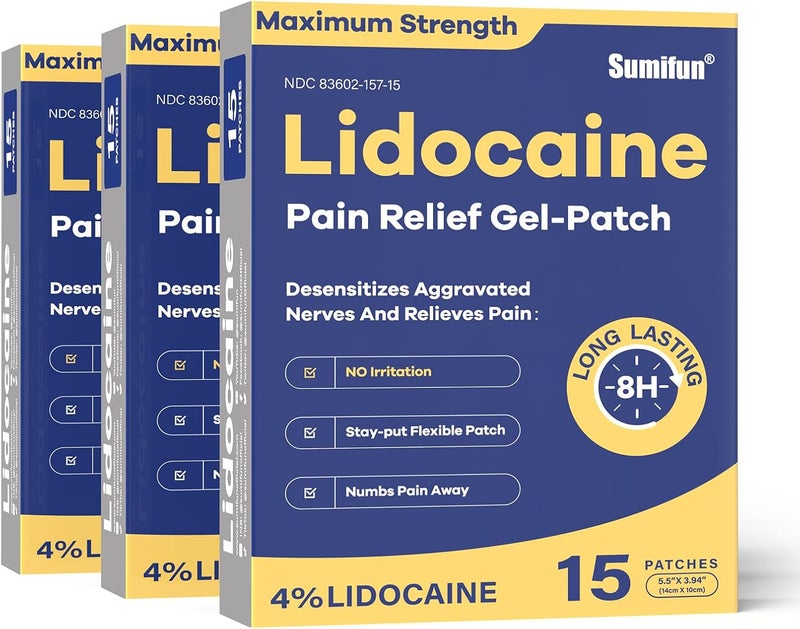 Sumifun 4 Lidocaine Pain Relief Patches 45 Counts Maximum Strength Numbing Gel Patch for Back Knee Neck Joint Ache Muscle Soreness Topical Analgesic FSA or HSA Eligible - Image 1