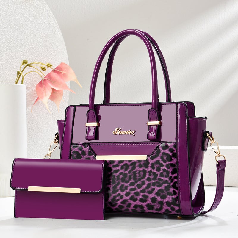 Cross-Border New Leopard Print Two-Piece Womens Bag Handbag Bright Leather Patent Leather Multi-Piece Set Foreign Trade Wholesale Shoulder Crossbody Bag Purple