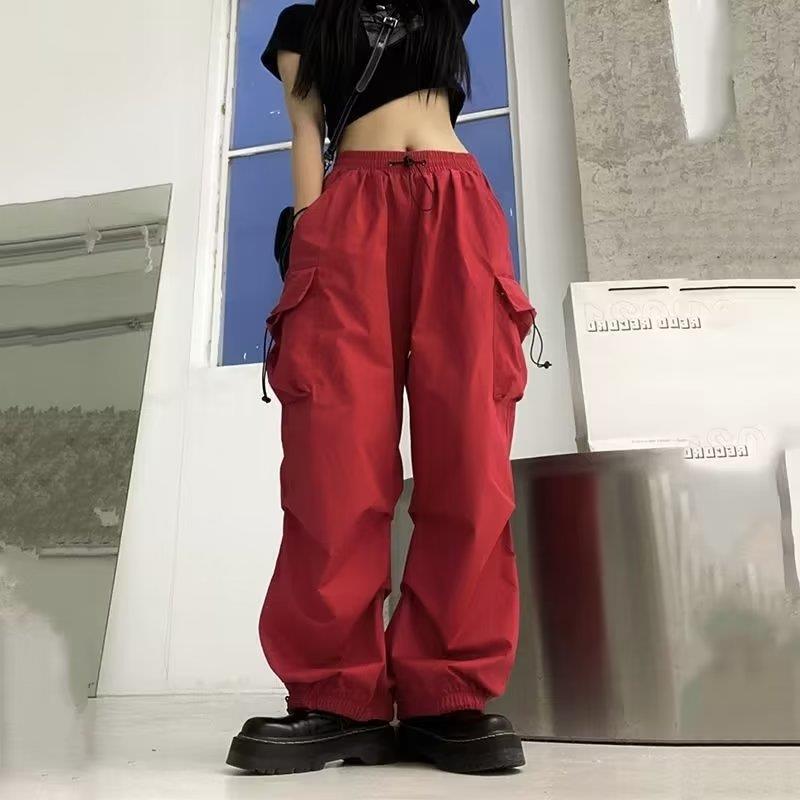 Retro American Cargo Pants Womens Summer Versatile Loose Straight-Leg Trousers Red  - Image 1