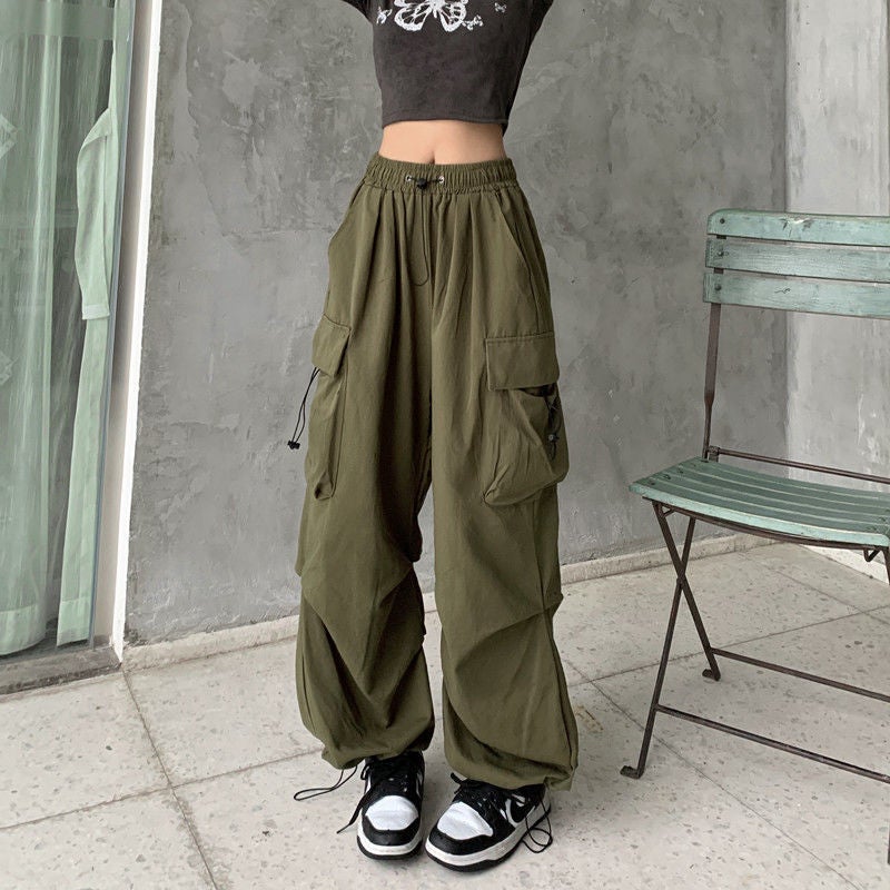 Retro American Cargo Pants Womens Summer Versatile Loose Straight-Leg Trousers Red  - Image 5