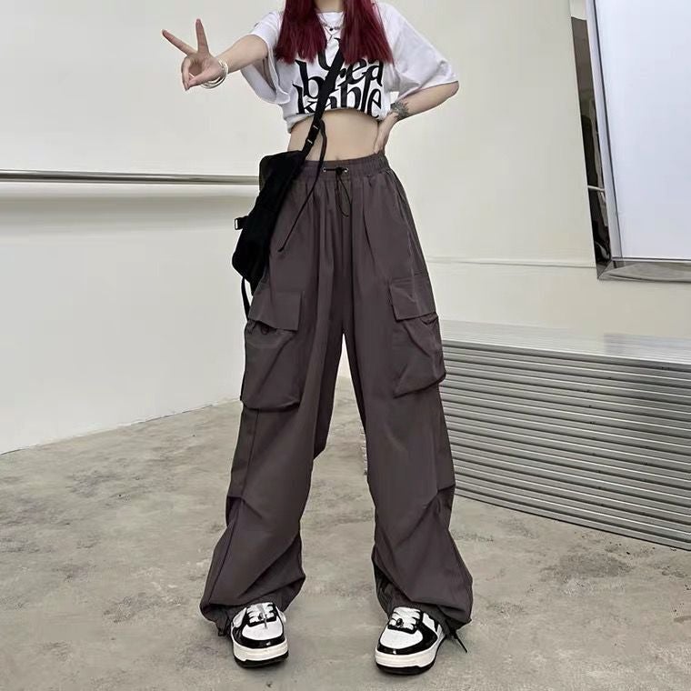 Retro American Cargo Pants Womens Summer Versatile Loose Straight-Leg Trousers Red  - Image 3