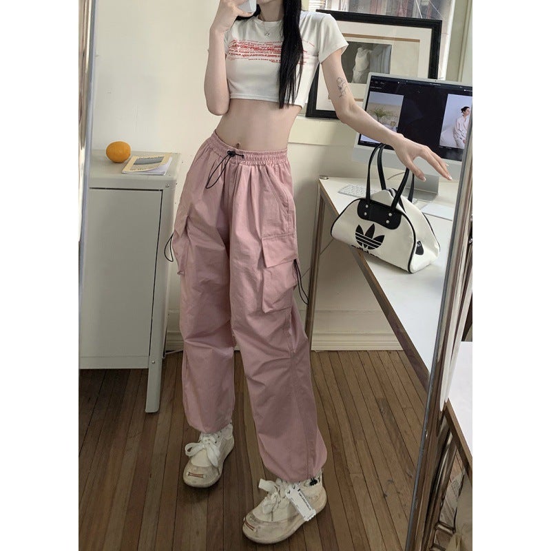 Retro American Cargo Pants Womens Summer Versatile Loose Straight-Leg Trousers Red  - Image 2