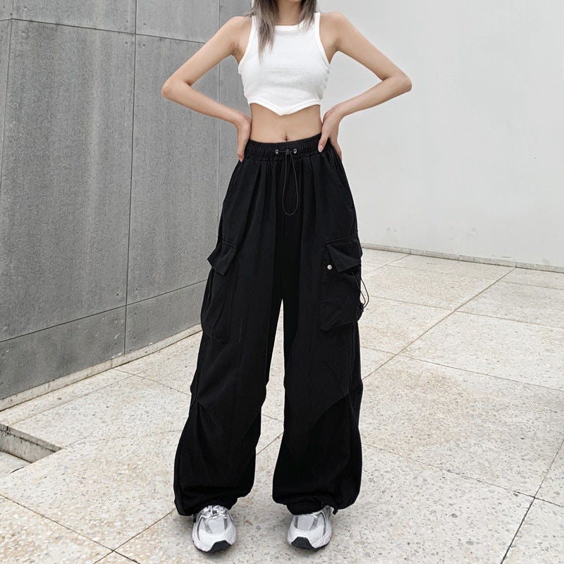 Retro American Cargo Pants Womens Summer Versatile Loose Straight-Leg Trousers Red  - Image 4