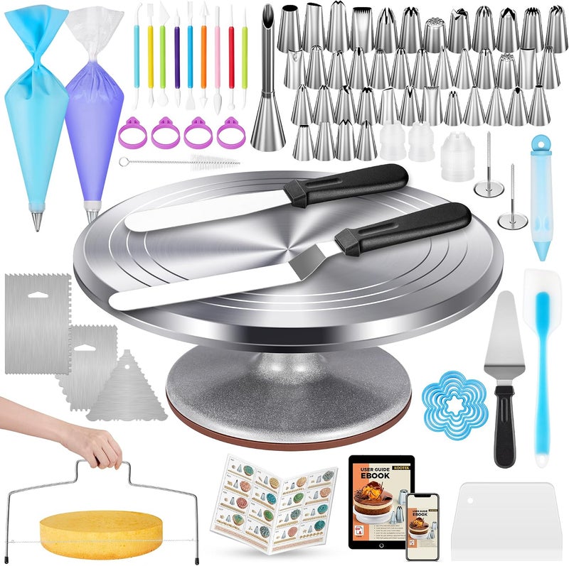 Kootek 177 Pcs Cake Decorating Kit - Aluminium Alloy Revolving Cake Turntable with Icing Tips and Frosting Tools - Image 1