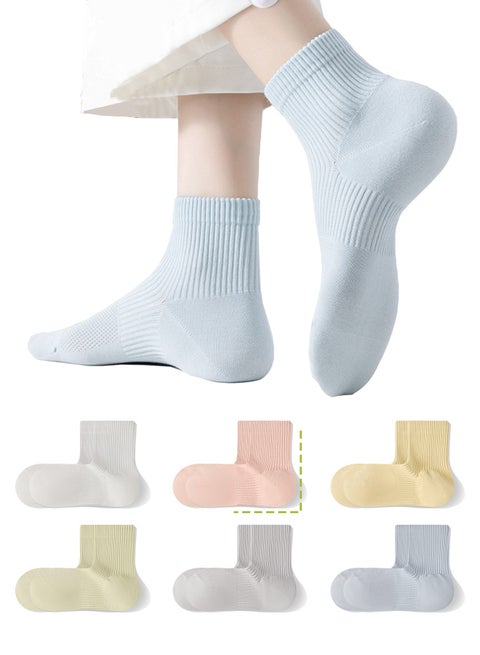 Women's 6-Pack Antibacterial Cotton Crew Socks - Moisture Wicking, Breathable, Seamless Toe - Light Gray, Pink, Sky Blue, Lavender, Mint Green, Cream Yellow Mix