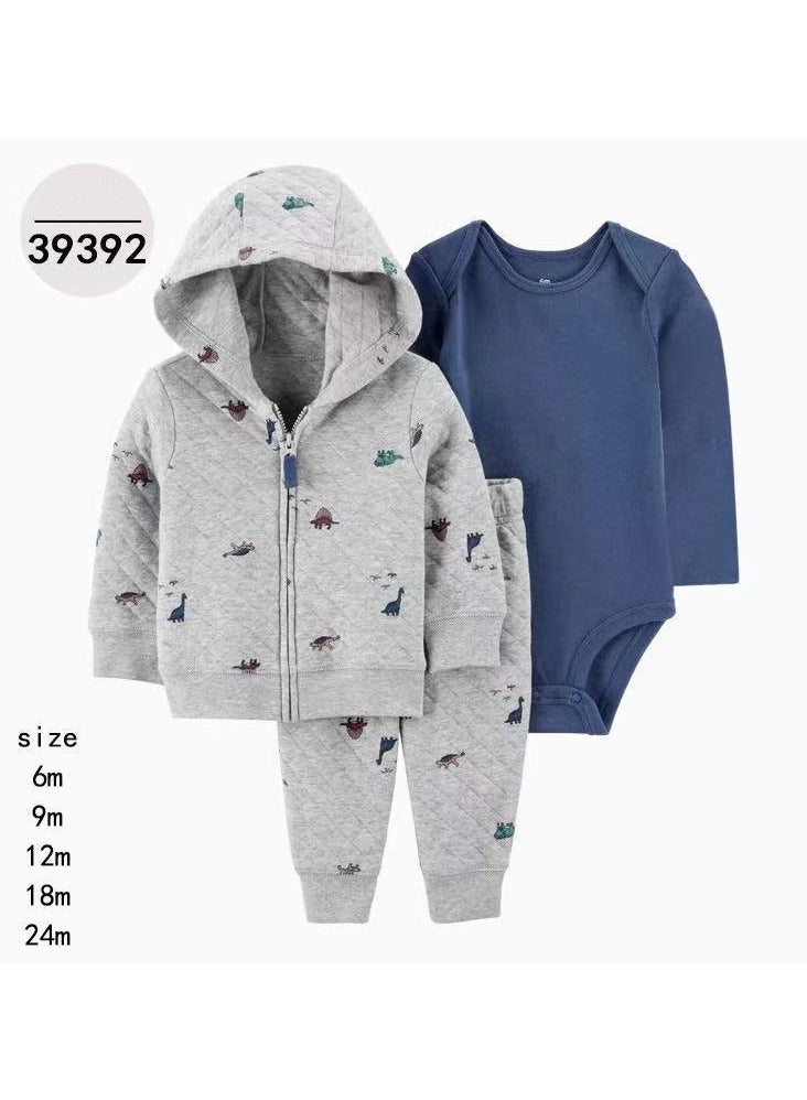 RedMapleTEK Boys And Girls Baby Sweater Jacket Hooded Coat Long-Sleeved Jumpsuit Baby Three-Piece Set - Image 1