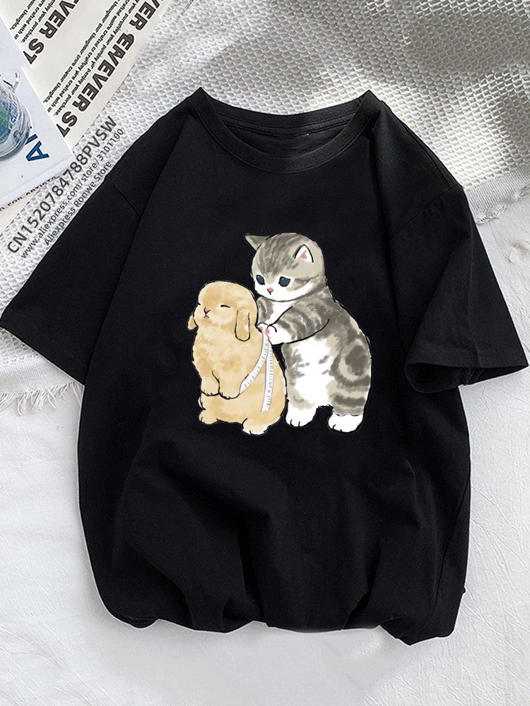 Cat Cat Cartoon Printed T-Shirt Kawaii Women'S Clothing Plus Size Top Short Sleeve - Image 1
