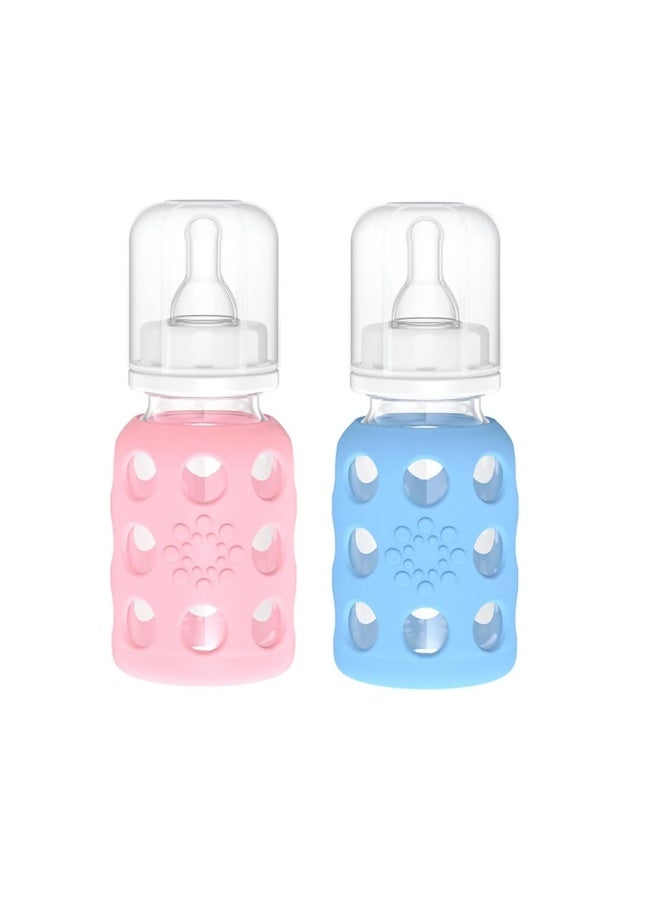 Lifefactory Glass Baby Bottles with Silicone Protection - 2-PACK, 4 Ounce Bottles, Pink & Sky Blue - Image 1
