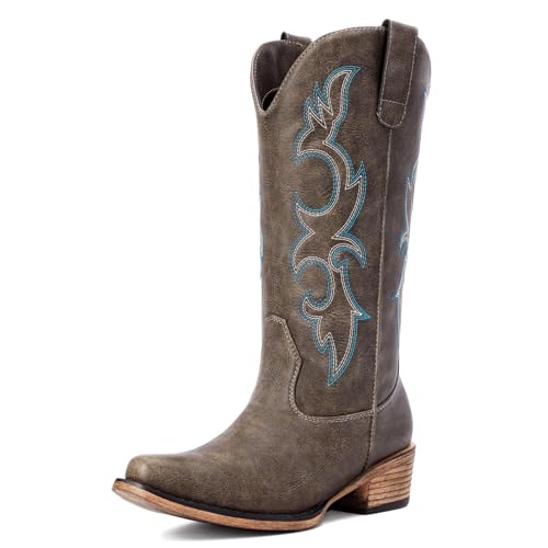 Choiran Brown Cowboy Boots for Women - Embroidered Cowgirl Carter Outfits Boots Western Mid Calf Cowboy Carter Fashion Chunky Heel Pointed Toe Country Boot 8 - Image 4