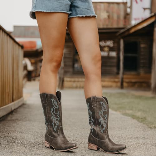 Choiran Brown Cowboy Boots for Women - Embroidered Cowgirl Carter Outfits Boots Western Mid Calf Cowboy Carter Fashion Chunky Heel Pointed Toe Country Boot 8 - Image 2